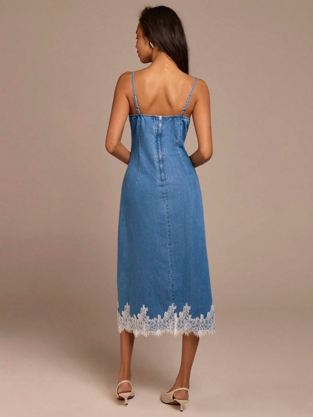 Blue Casual Women's lace detailed Denim midi Dress - Picture 5 of 6